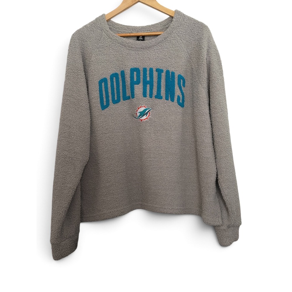 NFL Miami Dolphins Grey Sherpa Fleece Pullover Sweatshirt Womens Large
